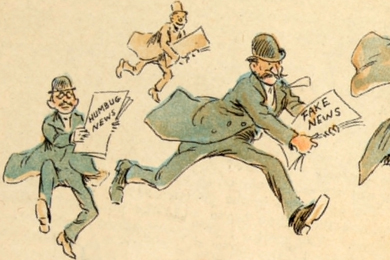 Судя по этому фрагменту карикатуры Фредерика Оппера 1894 года из американского сатирического журнала Puck, проблема недостоверных новостей существовала задолго до появления интернета