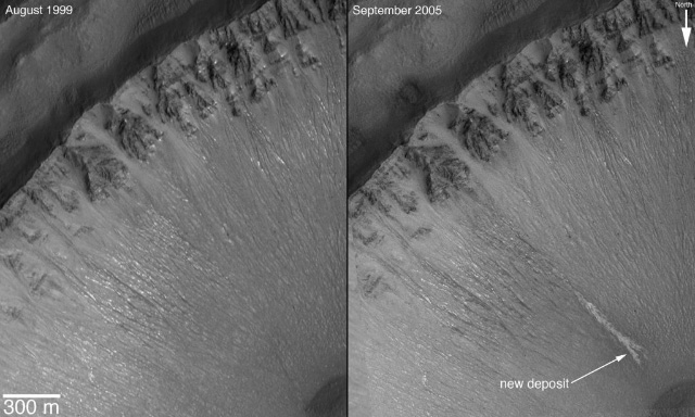 Этот склон одного из кратеров на Марсе был несколько раз сфотографирован американским космическим зондом Mars Global Surveyor. На снимке, полученном в сентябре 2005 года, отчетливо виден свежий след... чего? Внешне он выглядит так, словно оставлен прорвавшимися на поверхность и тут же замерзшими грунтовыми водами. Но является ли это единственно возможным объяснением? © NASA