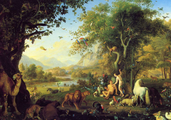 «Адам и Ева в Земном раю». Картина Венчеслао Петера (Wenceslao Peter; 1742, Богемия — 1829, Рим), Пинакотека, Ватикан. Согласно концепциям Естественной истории (XVI-XVIII век), Природа — это идеально сбалансированная устойчивая система, задуманная и поддерживаемая Творцом. В этом мире, конечно, нет никакой эволюции! На полотне узнаваемы десятки видов птиц и млекопитающих, мирно сосуществующих. Венчеслао Петер был известен прежде всего как анималист. (Изображение с открытки, изданной Ватиканскими музеями)